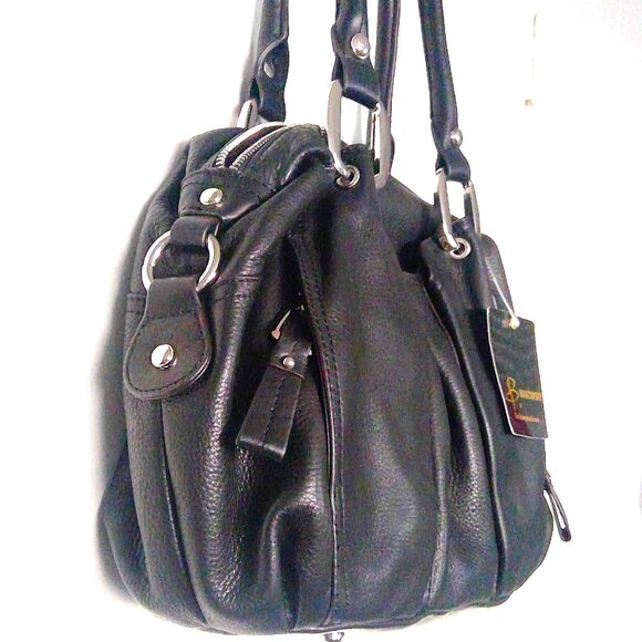 NEW B. Makowsky Black Leather Christie Satchel Medium Handbag Cheetah NWT $ 288 - Picture 6 of 11